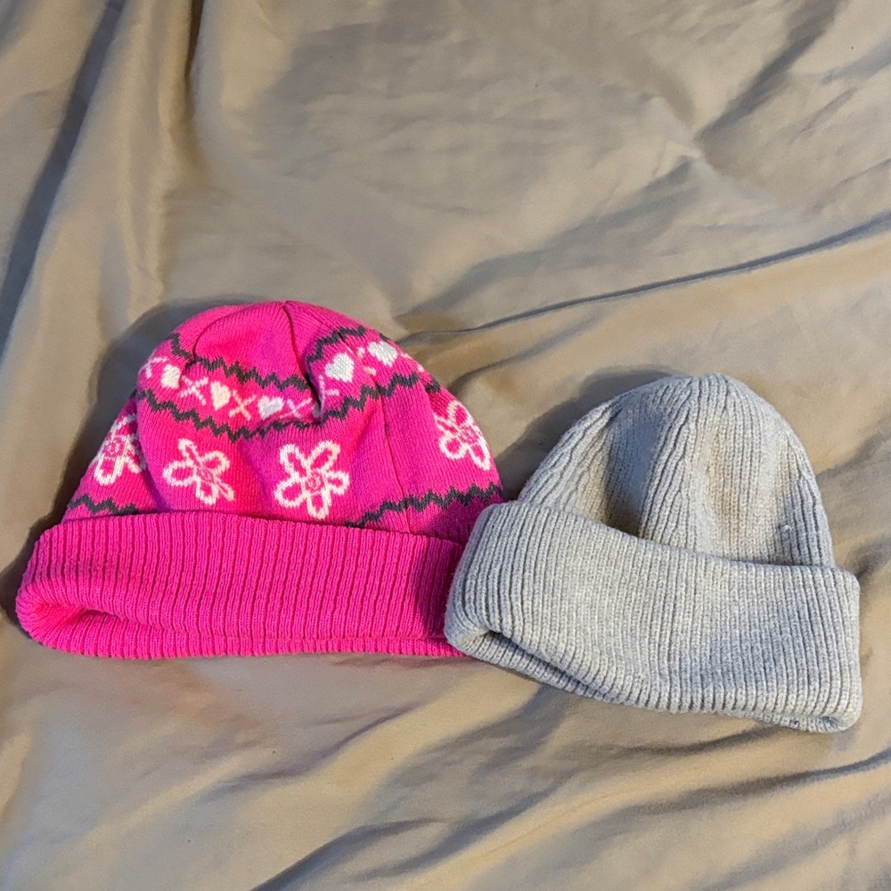 Pink and Gray Kids Beanie Set
